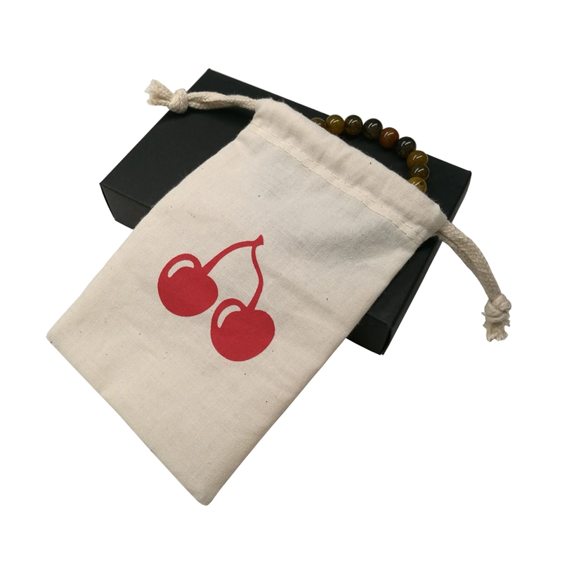 Small Cotton Muslin Drawstring Pouch with Custom Screen Printed Logo