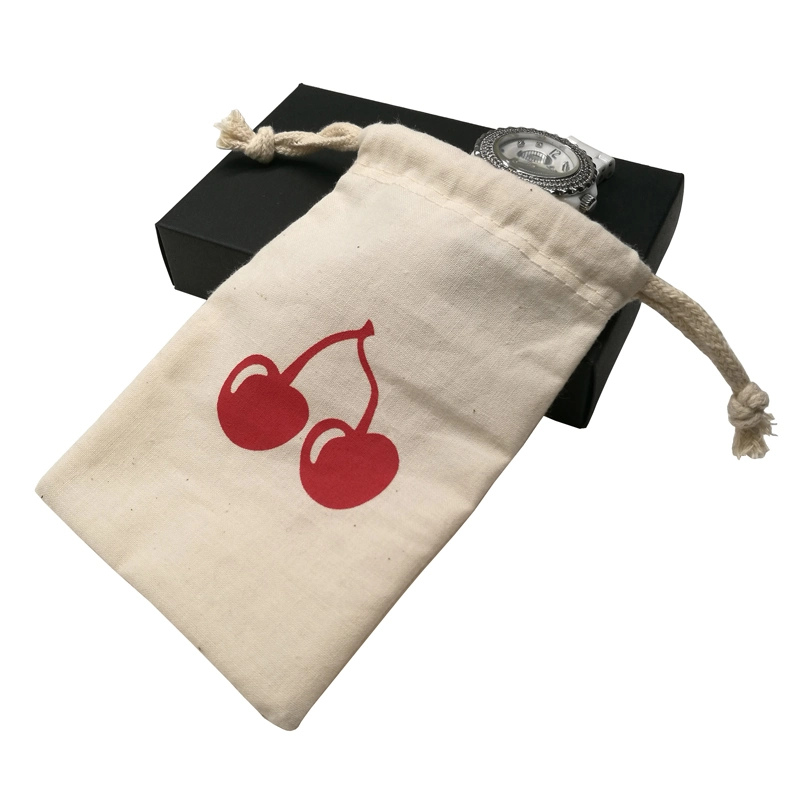 Small Cotton Muslin Drawstring Pouch with Custom Screen Printed Logo