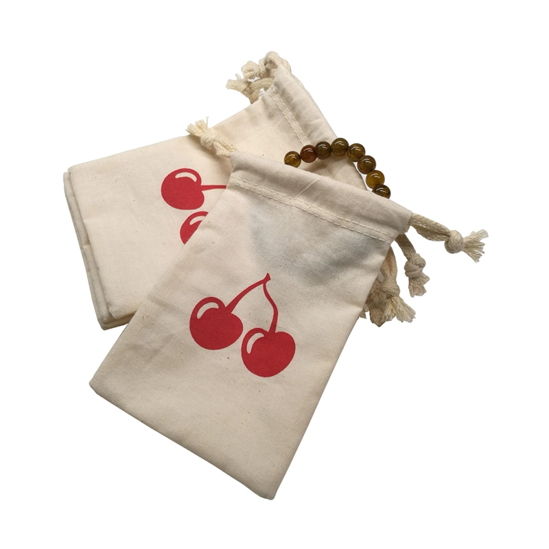 Small Cotton Muslin Drawstring Pouch with Custom Screen Printed Logo